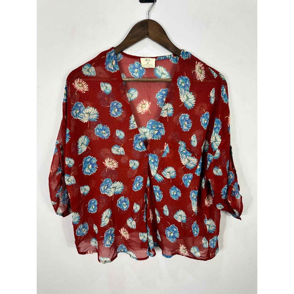 Pins and Needles Blouse Womens Medium Red Blue Floral Sheer Boho Tab Sleeve Top